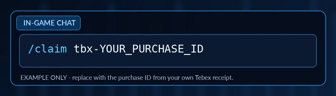 Illustration of in-game chat showing /claim tbx-YOUR_PURCHASE_ID