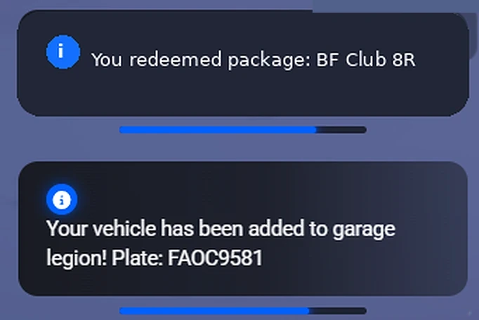 Actual Expand RP notifications confirming the redeemed package and delivery to the Legion garage