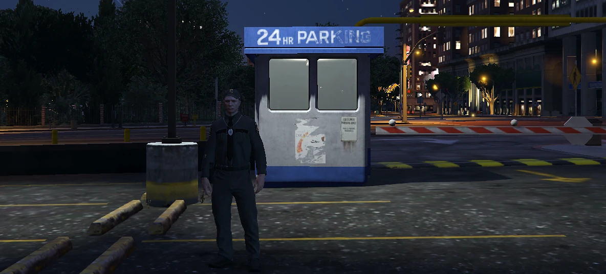Actual in-game image of the blue 24 HR PARKING booth outside Legion Square Garage