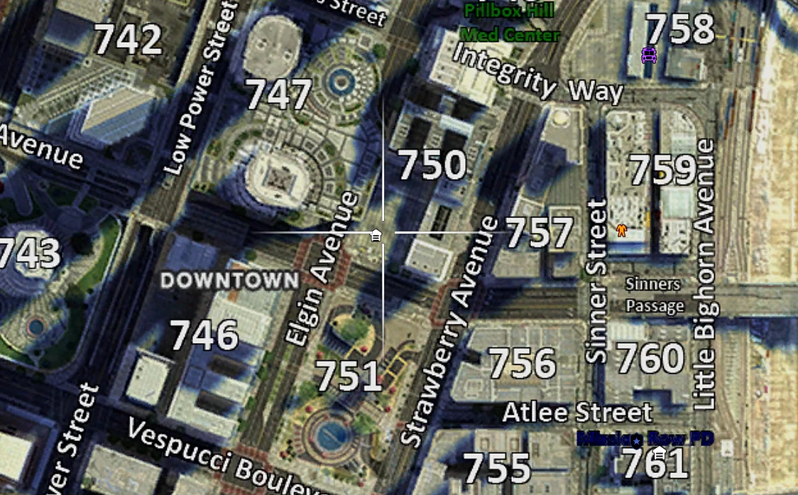 In-game GTA map around Legion Square and Downtown with street labels