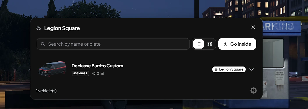 Actual Legion Square garage menu showing a Declasse Burrito Custom in the list