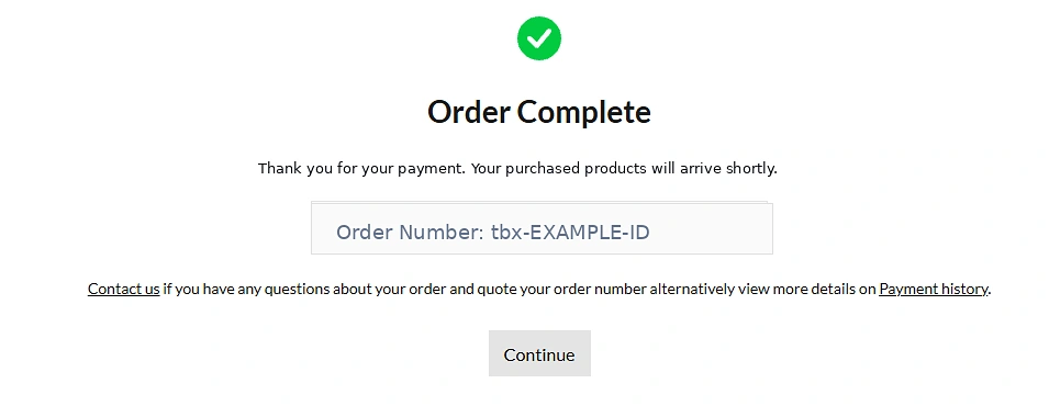 Example Tebex Order Complete screen, displaying the Order Number in a box